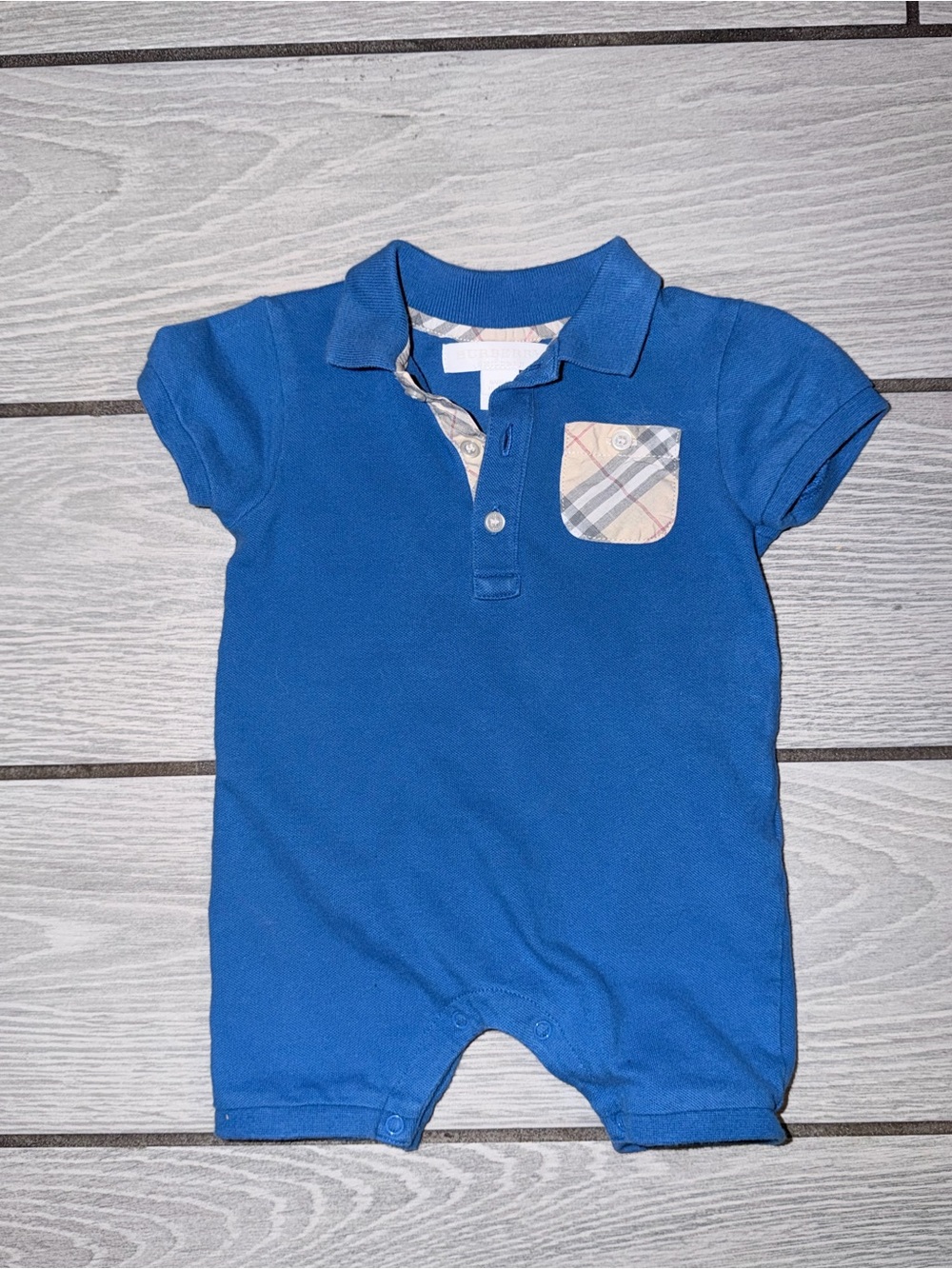 Burberry Blue Polo-Style Baby One-Piece with Plaid Trim-size 6m